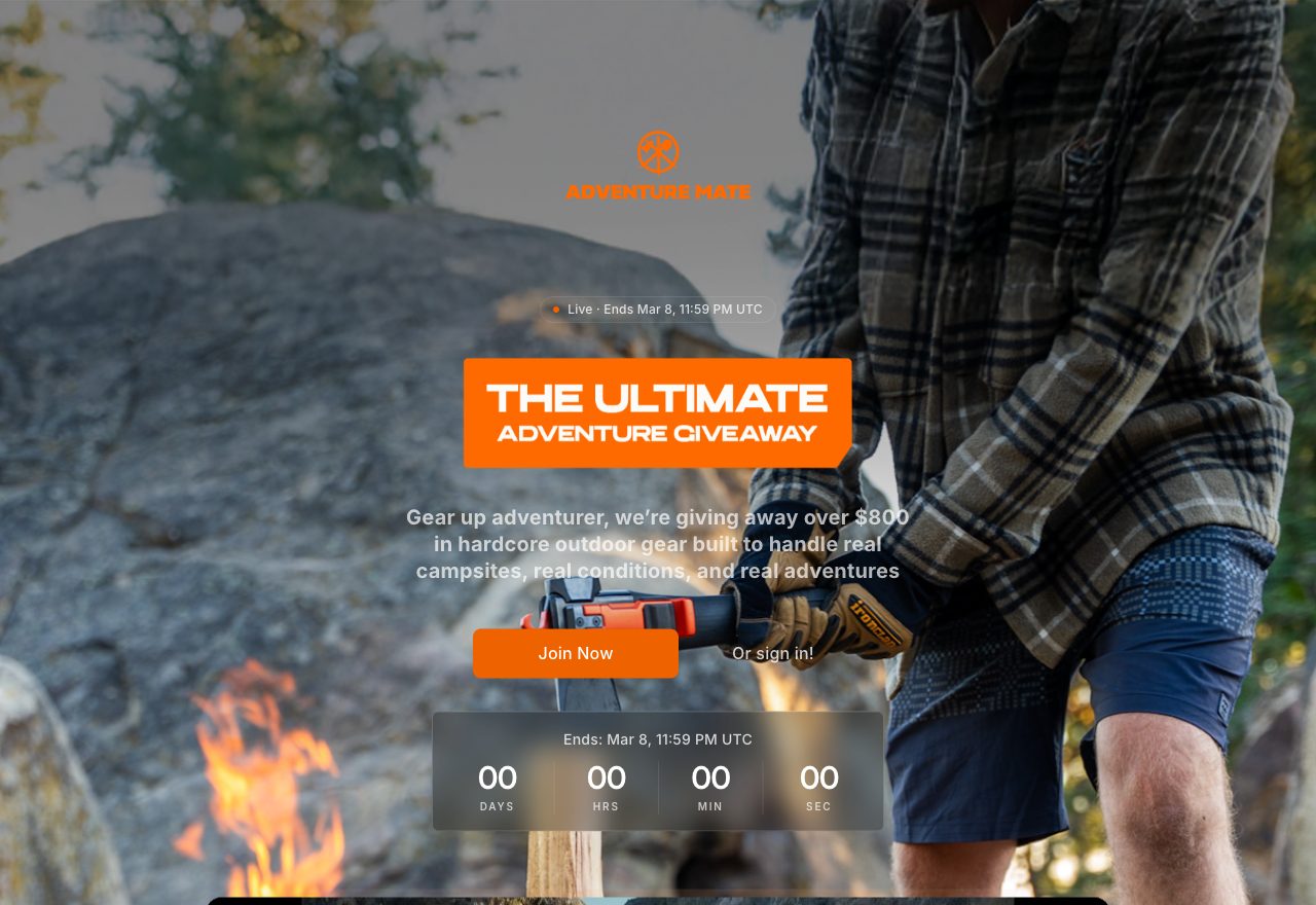 Adventure Mate giveaway campaign page: The Ultimate Adventure Giveaway