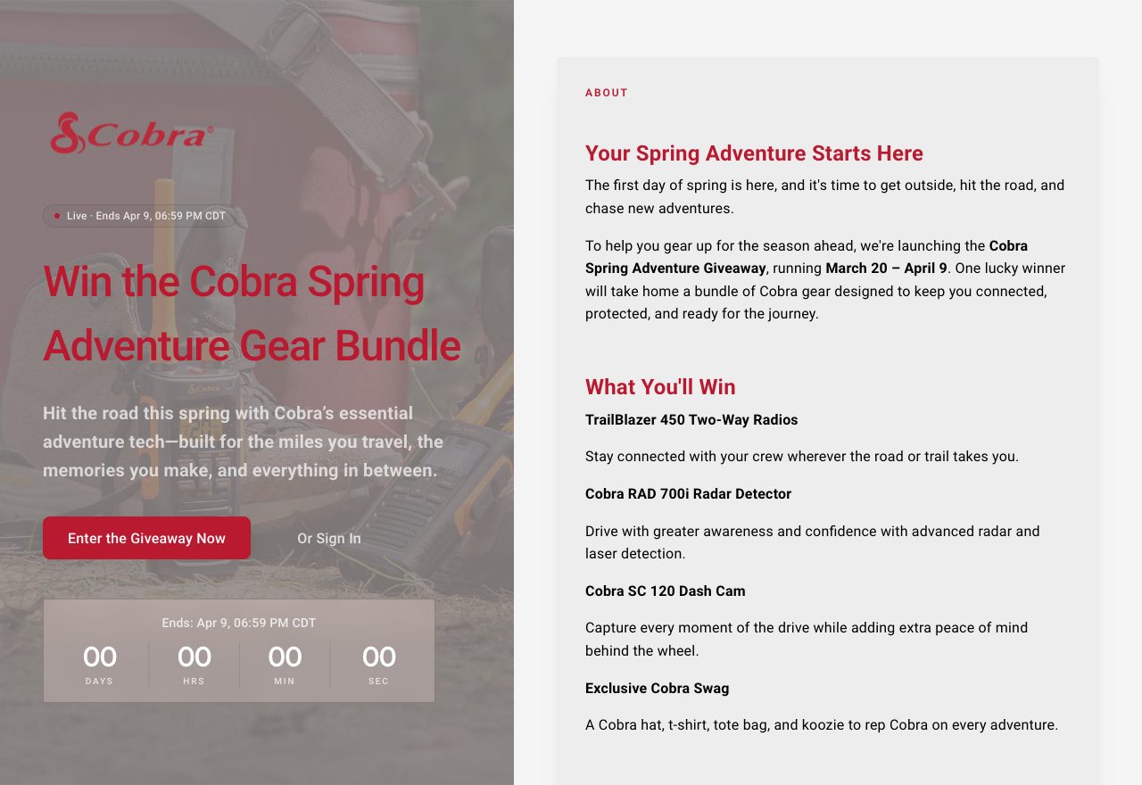 Cobra giveaway campaign page: Win the Cobra Spring Adventure Gear Bundle