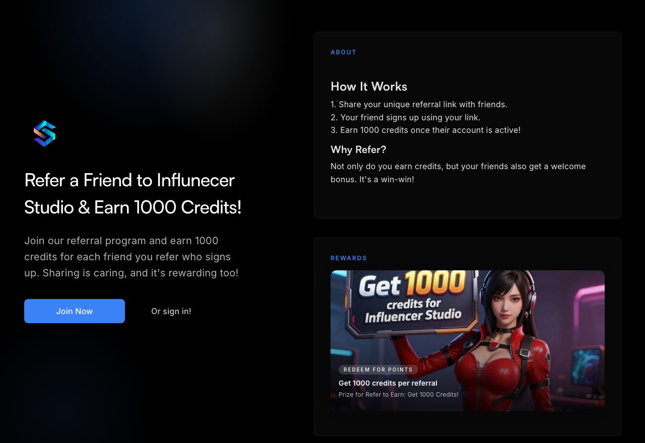 Influencer Studio giveaway campaign page: Refer a Friend & Earn 1,000 Credits