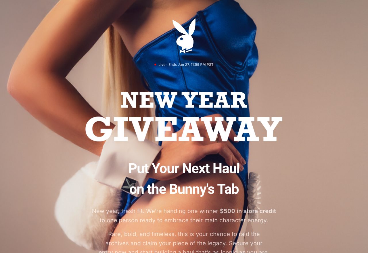 Playboy Shop giveaway campaign page: New Year Giveaway: Put Your Next Haul on the Bunny's Tab