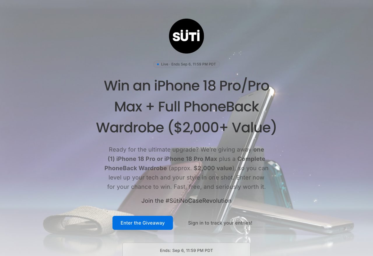 Süti giveaway campaign page: Win an iPhone 18 Pro + Full PhoneBack Wardrobe