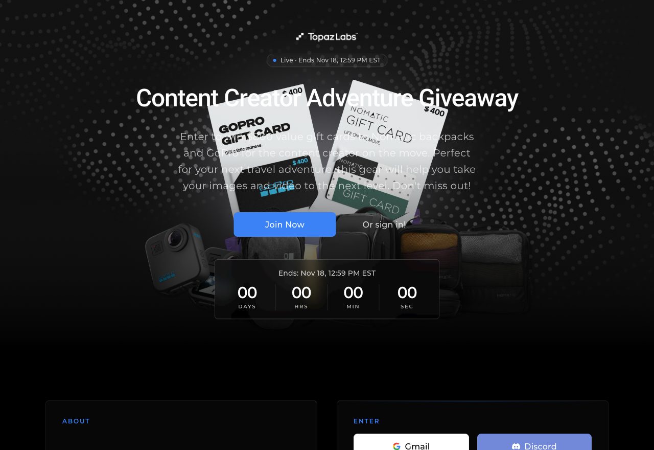 Topaz Labs giveaway campaign page: Content Creator Adventure Giveaway
